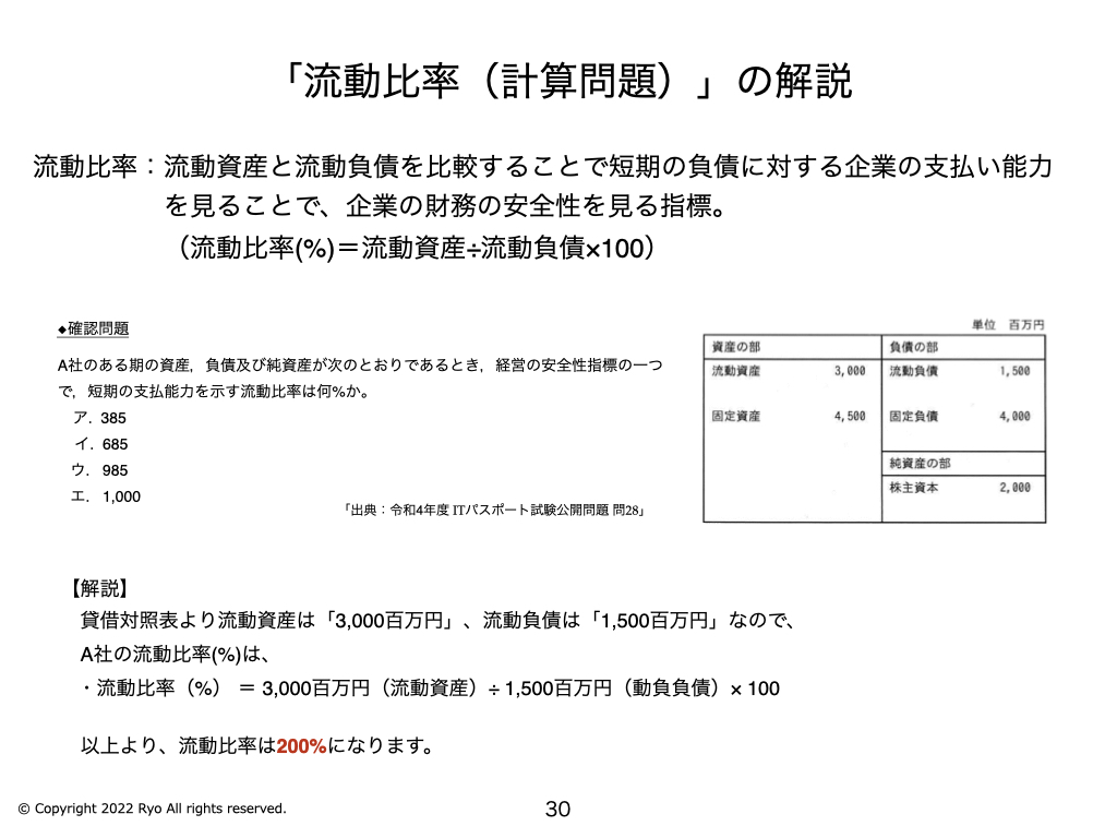 流動比率（計算問題）」の解説 〜 ITパスポート R4年 問28 〜 | IT study session〜よく分かるITパスポート試験の解説〜